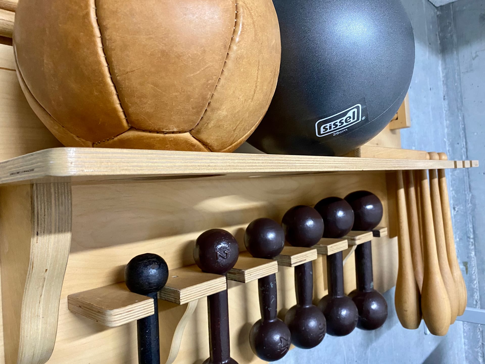 Oefenmateriaal van Fysiotherapie Oort op een houten rek: medicijnbal, halters en knotsen