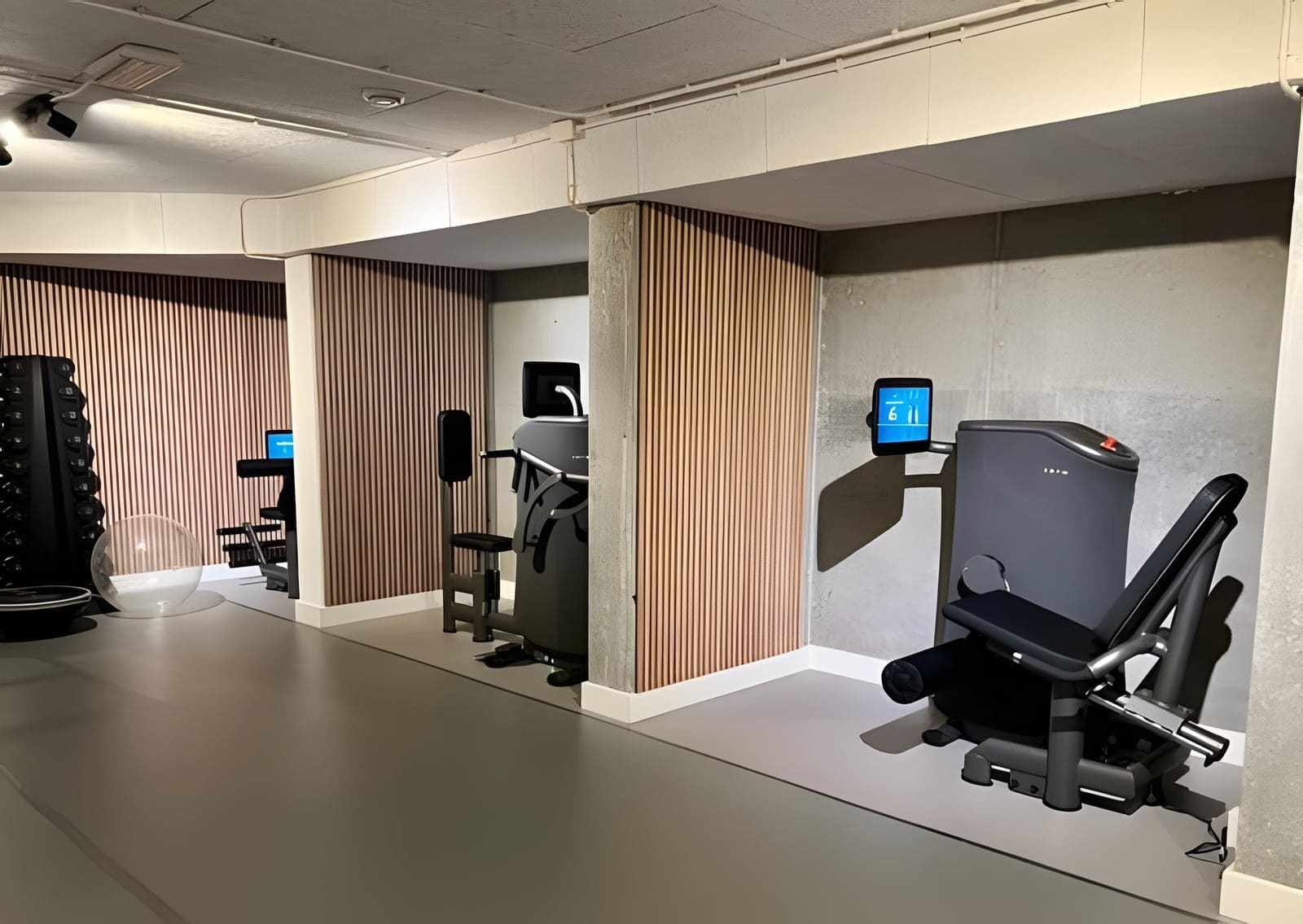 De EGYM trainingsruimte van Fysiotherapie Oort met krachttoestellen tussen houten lattenwanden